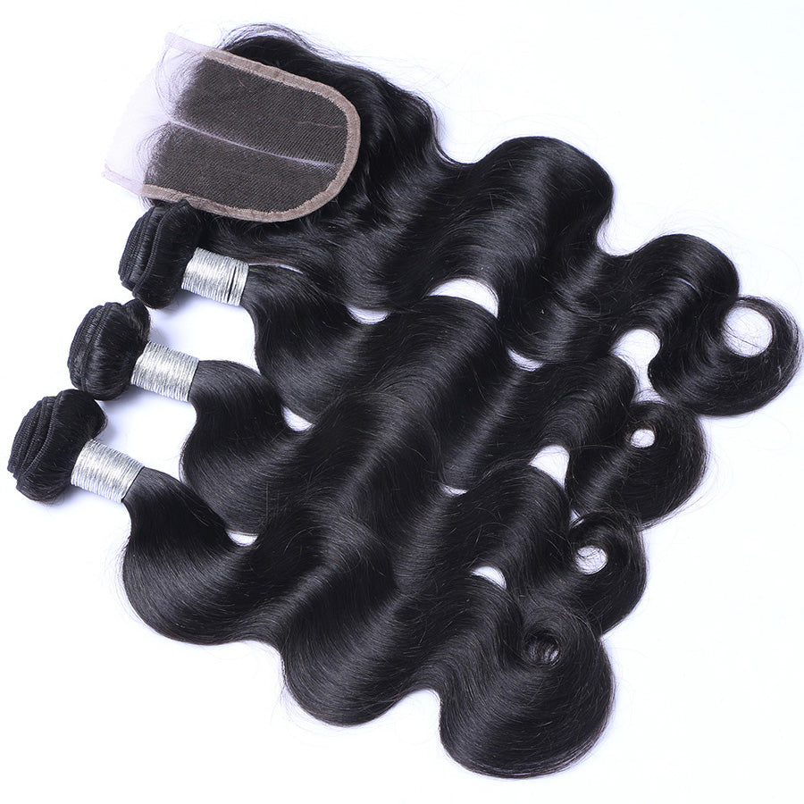 3 Natural black human hair bundles and 1 lace closure