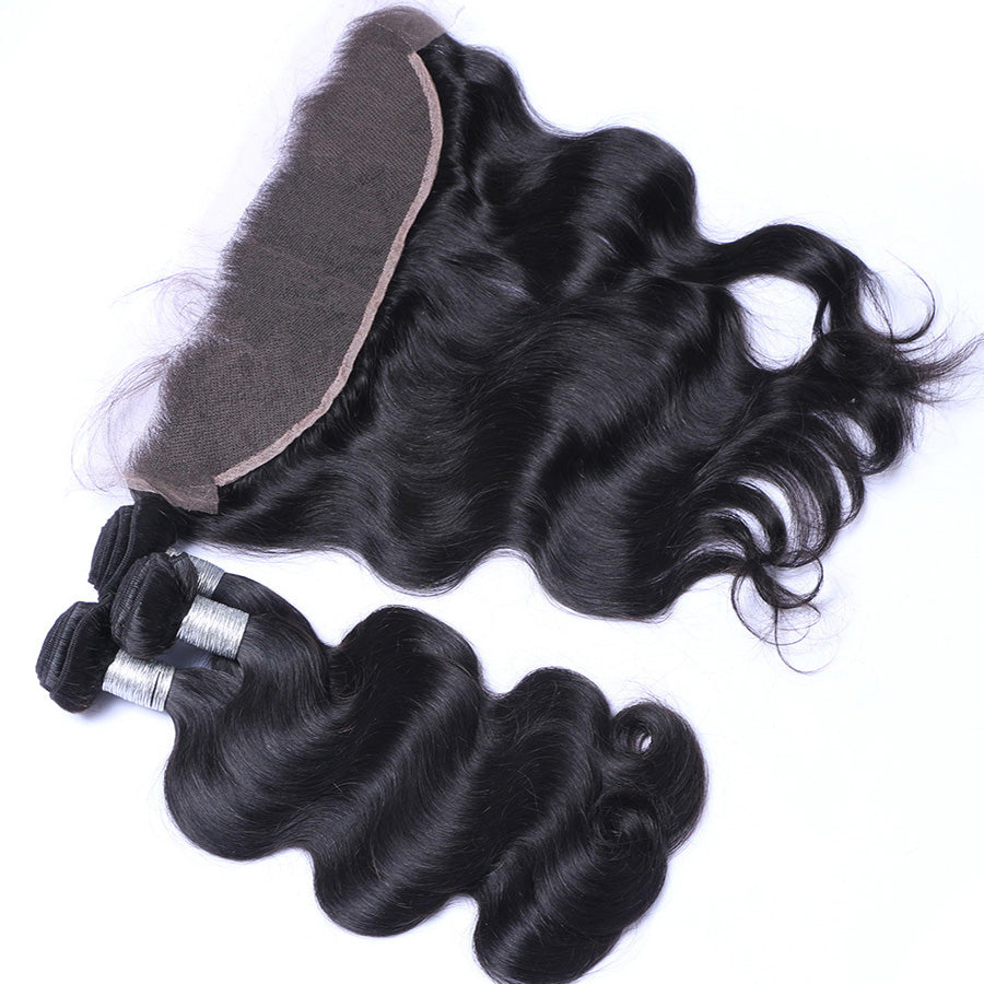 13x4 human hair frontal and 3 body wave hair wefts