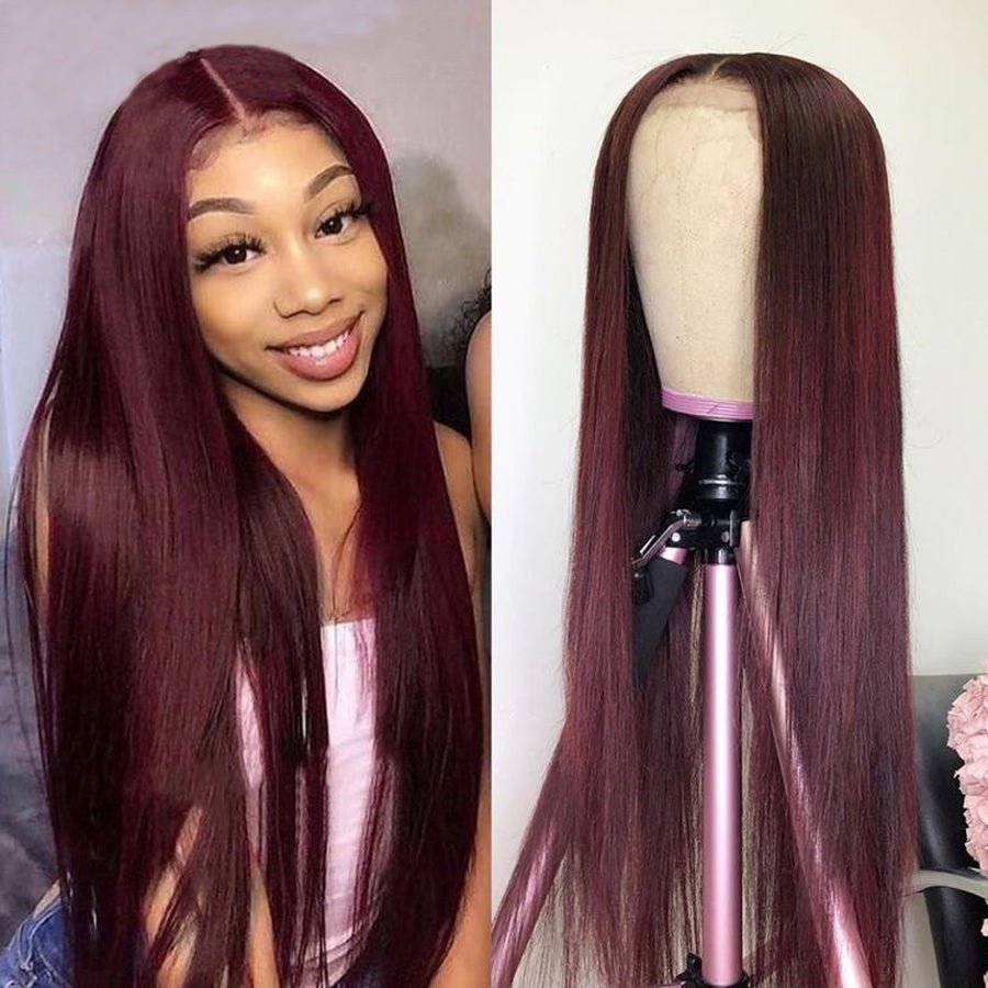young woman with straight burgundy human hair wig